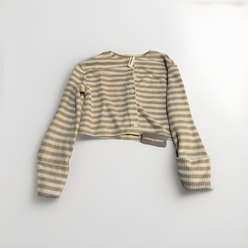 NWT Missguided Womens Striped Cropped Cardigan Small Beige Button Knit Top